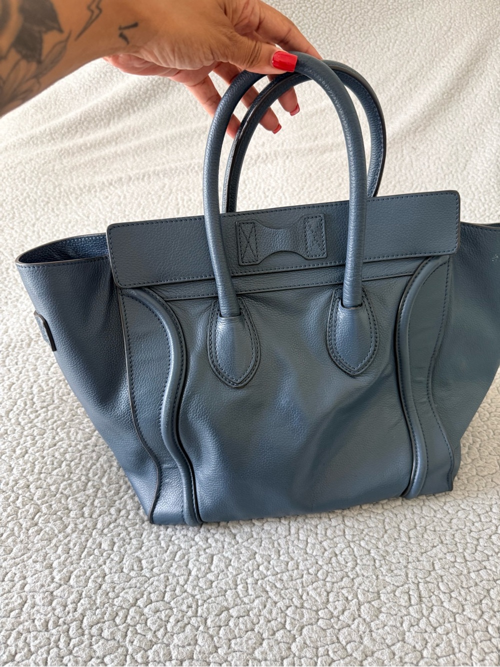 Celine Luggage Tote Blue Pebbled Leather Top Handle Bag - Picture 2 of 15